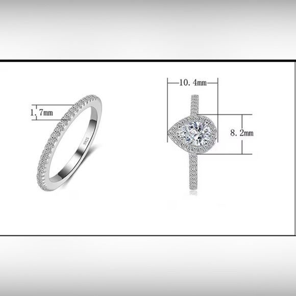 NIB S925 Sterling Silver & CZ Diamond Teardrop Engagement Wedding Ring Set - Picture 9 of 11